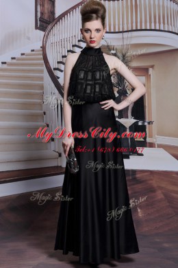 Eye-catching Black Satin Zipper High-neck Sleeveless Floor Length Prom Dresses Beading