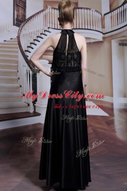 Eye-catching Black Satin Zipper High-neck Sleeveless Floor Length Prom Dresses Beading