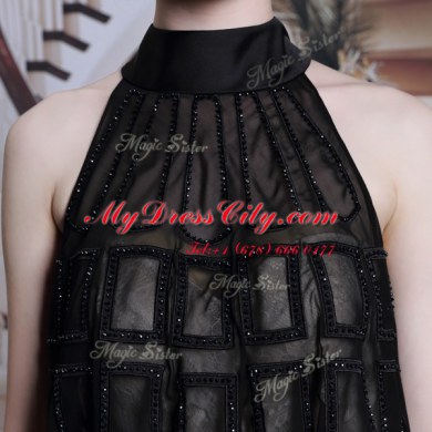 Eye-catching Black Satin Zipper High-neck Sleeveless Floor Length Prom Dresses Beading