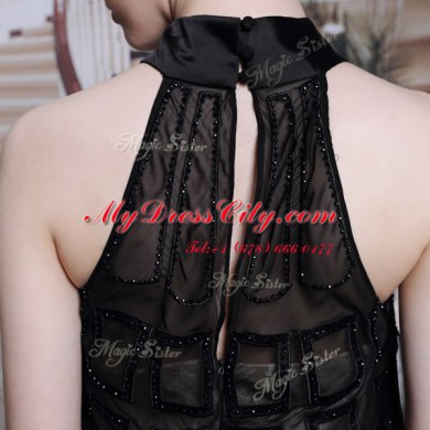 Eye-catching Black Satin Zipper High-neck Sleeveless Floor Length Prom Dresses Beading