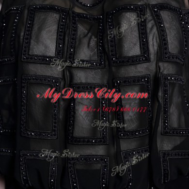 Eye-catching Black Satin Zipper High-neck Sleeveless Floor Length Prom Dresses Beading