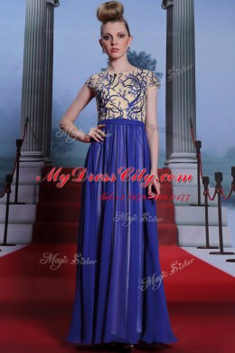 Scoop Royal Blue Chiffon Zipper Dress for Prom Cap Sleeves Floor Length Embroidery and Sequins