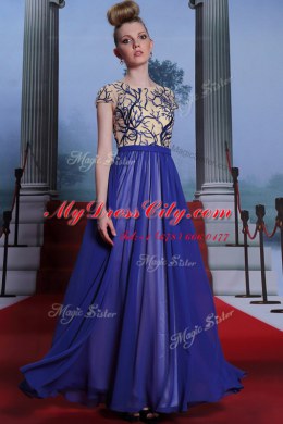 Scoop Royal Blue Chiffon Zipper Dress for Prom Cap Sleeves Floor Length Embroidery and Sequins