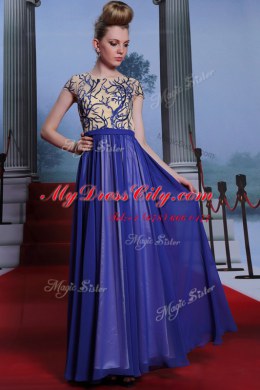 Scoop Royal Blue Chiffon Zipper Dress for Prom Cap Sleeves Floor Length Embroidery and Sequins