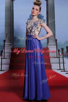 Scoop Royal Blue Chiffon Zipper Dress for Prom Cap Sleeves Floor Length Embroidery and Sequins