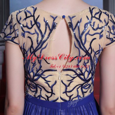 Scoop Royal Blue Chiffon Zipper Dress for Prom Cap Sleeves Floor Length Embroidery and Sequins