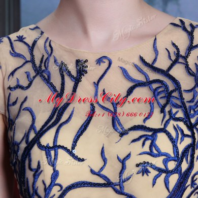 Scoop Royal Blue Chiffon Zipper Dress for Prom Cap Sleeves Floor Length Embroidery and Sequins