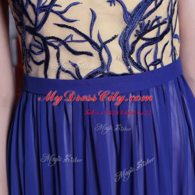 Scoop Royal Blue Chiffon Zipper Dress for Prom Cap Sleeves Floor Length Embroidery and Sequins