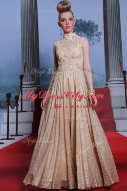 Peach Chiffon Zipper Prom Dress Sleeveless Floor Length Beading and Sequins