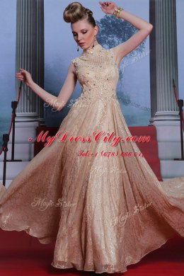 Peach Chiffon Zipper Prom Dress Sleeveless Floor Length Beading and Sequins