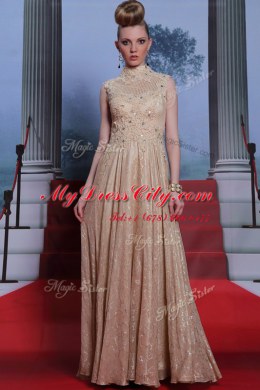 Peach Chiffon Zipper Prom Dress Sleeveless Floor Length Beading and Sequins