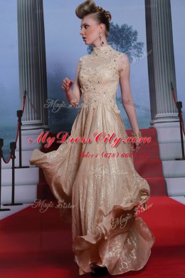Peach Chiffon Zipper Prom Dress Sleeveless Floor Length Beading and Sequins
