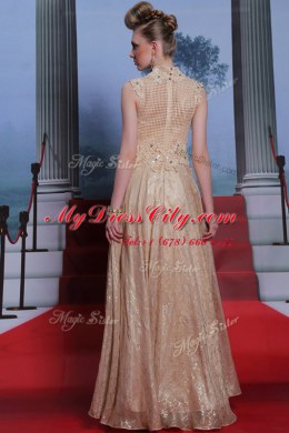 Peach Chiffon Zipper Prom Dress Sleeveless Floor Length Beading and Sequins