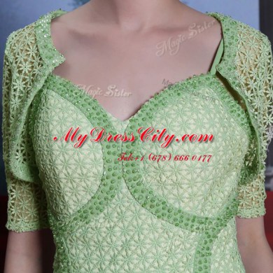 Luxurious Chiffon Spaghetti Straps Cap Sleeves Side Zipper Beading and Lace Prom Evening Gown in Olive Green
