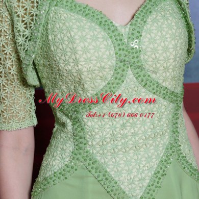 Luxurious Chiffon Spaghetti Straps Cap Sleeves Side Zipper Beading and Lace Prom Evening Gown in Olive Green