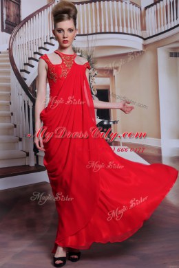 Scoop Red Side Zipper Prom Party Dress Beading and Appliques Sleeveless Floor Length