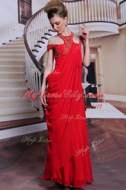 Scoop Red Side Zipper Prom Party Dress Beading and Appliques Sleeveless Floor Length