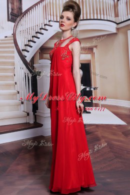 Scoop Red Side Zipper Prom Party Dress Beading and Appliques Sleeveless Floor Length