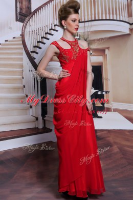 Scoop Red Side Zipper Prom Party Dress Beading and Appliques Sleeveless Floor Length