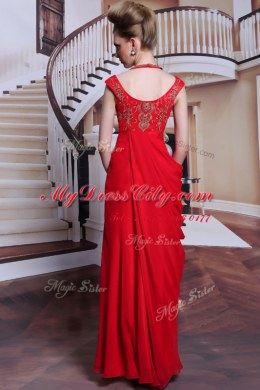 Scoop Red Side Zipper Prom Party Dress Beading and Appliques Sleeveless Floor Length
