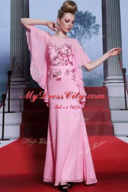 Scoop Rose Pink Half Sleeves Chiffon Zipper Prom Gown for Prom and Party