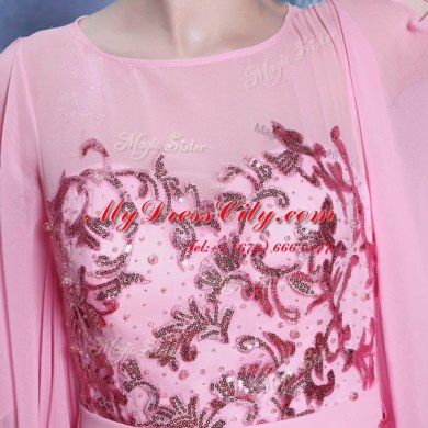 Scoop Rose Pink Half Sleeves Chiffon Zipper Prom Gown for Prom and Party