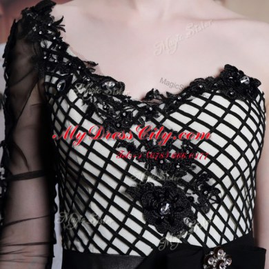 Flare 3 4 Length Sleeve Floor Length Beading and Appliques and Hand Made Flower Side Zipper Prom Gown with Black