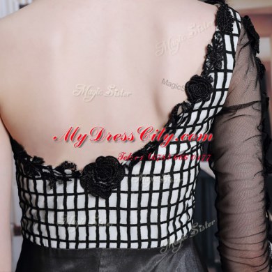 Flare 3 4 Length Sleeve Floor Length Beading and Appliques and Hand Made Flower Side Zipper Prom Gown with Black