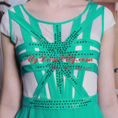 High Class Column/Sheath Prom Dresses Turquoise Scoop Chiffon Cap Sleeves Floor Length Side Zipper