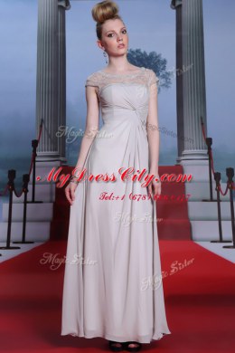 Admirable Silver Sleeveless Beading and Lace and Ruching Floor Length Prom Dress