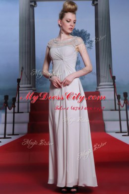 Admirable Silver Sleeveless Beading and Lace and Ruching Floor Length Prom Dress
