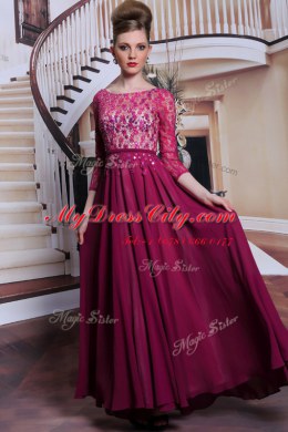 Fuchsia 3 4 Length Sleeve Lace and Sequins Floor Length Prom Evening Gown
