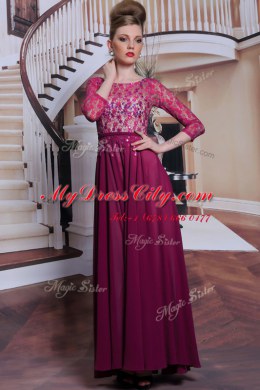 Fuchsia 3 4 Length Sleeve Lace and Sequins Floor Length Prom Evening Gown