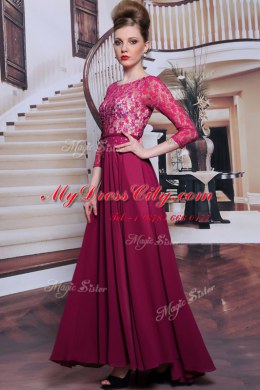 Fuchsia 3 4 Length Sleeve Lace and Sequins Floor Length Prom Evening Gown
