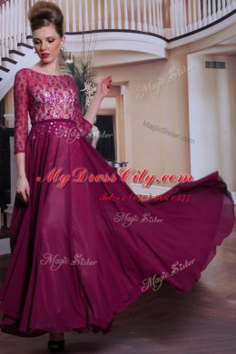 Fuchsia 3 4 Length Sleeve Lace and Sequins Floor Length Prom Evening Gown