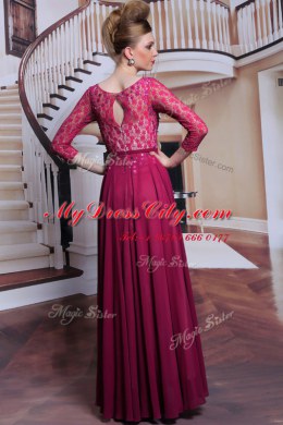 Fuchsia 3 4 Length Sleeve Lace and Sequins Floor Length Prom Evening Gown
