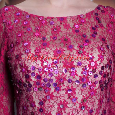 Fuchsia 3 4 Length Sleeve Lace and Sequins Floor Length Prom Evening Gown