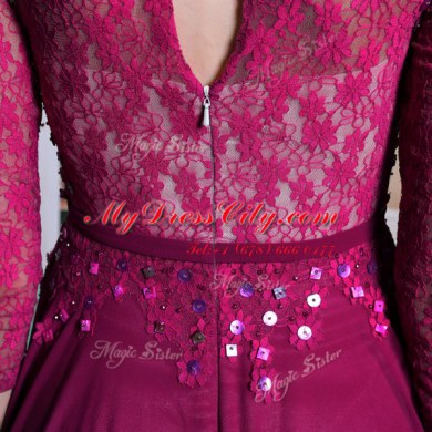 Fuchsia 3 4 Length Sleeve Lace and Sequins Floor Length Prom Evening Gown