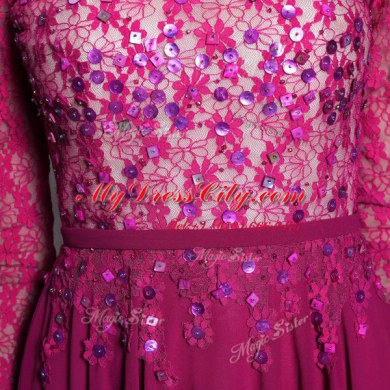 Fuchsia 3 4 Length Sleeve Lace and Sequins Floor Length Prom Evening Gown