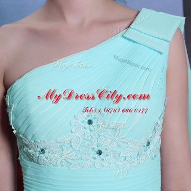 High Quality One Shoulder Turquoise Side Zipper Lace and Ruching Sleeveless Floor Length
