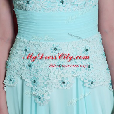High Quality One Shoulder Turquoise Side Zipper Lace and Ruching Sleeveless Floor Length