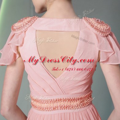 Graceful V-neck Cap Sleeves Chiffon Prom Dress Beading and Ruching Side Zipper