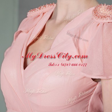 Graceful V-neck Cap Sleeves Chiffon Prom Dress Beading and Ruching Side Zipper