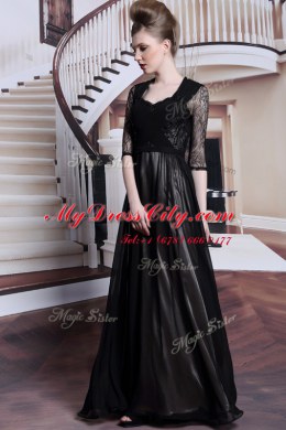 Pleated Floor Length Empire Half Sleeves Black Evening Dress Zipper