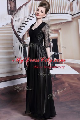 Pleated Floor Length Empire Half Sleeves Black Evening Dress Zipper