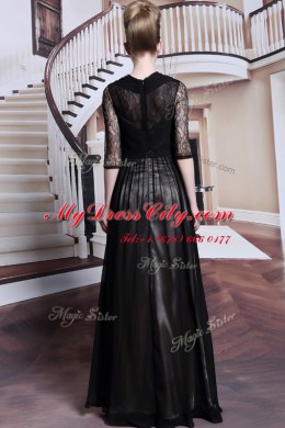 Pleated Floor Length Empire Half Sleeves Black Evening Dress Zipper