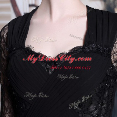 Pleated Floor Length Empire Half Sleeves Black Evening Dress Zipper