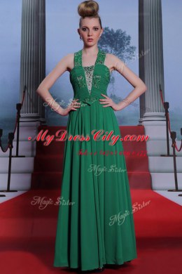 Fitting Teal Halter Top Neckline Beading and Ruching Evening Dress Sleeveless Zipper