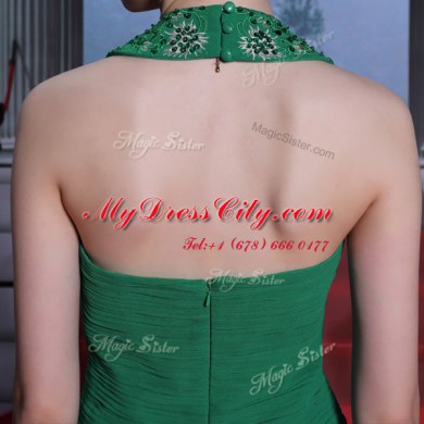 Fitting Teal Halter Top Neckline Beading and Ruching Evening Dress Sleeveless Zipper