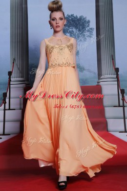 Deluxe Sleeveless Floor Length Beading and Appliques Side Zipper Prom Dress with Orange